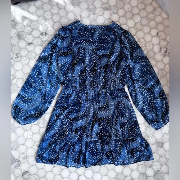 AQUA Blue Multi Print Long Sleeve Tiered Mini Dress Size M NWT - Picture 6 of 8